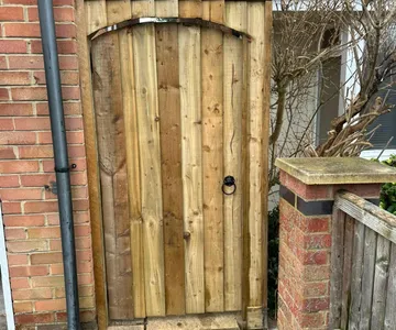 A new timber side gate with an arched head and a black ring latch, hung in a brick opening beside a house.